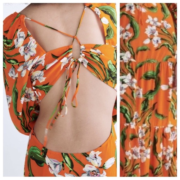 NWT. Zara Orange 100% Viscose Cut-Out Printed V-neck Midi Dress. Size S. - Picture 6 of 10